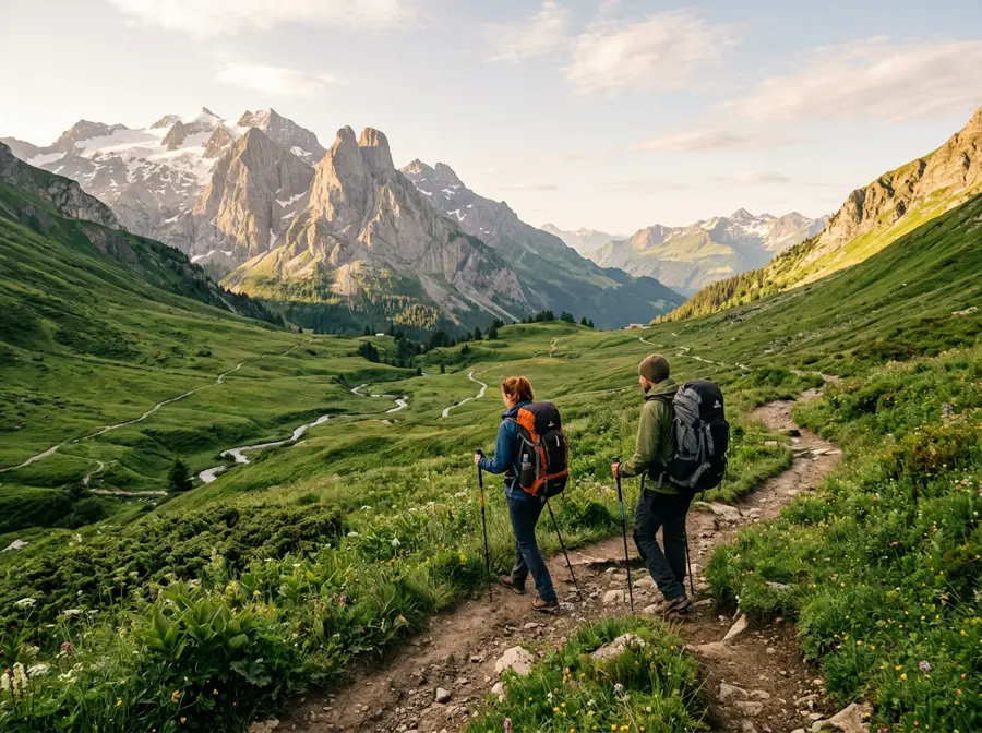 Travelers hiking through a scenic mountain landscape