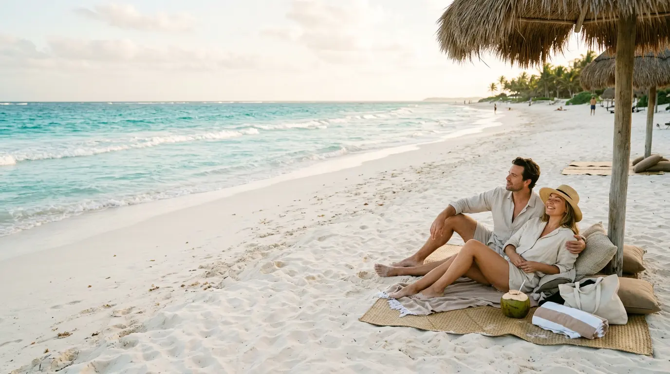 A couple enjoying a relaxing day on a white-sand beach